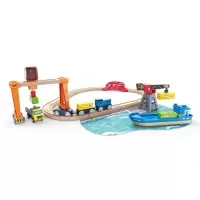 Set de joaca circuit din lemn - Port cu trenuri, vapoare si camioane