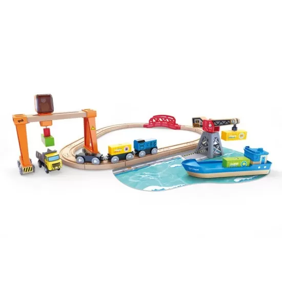 Set de joaca circuit din lemn - Port cu trenuri, vapoare si camioane Set de joaca circuit din lemn - Port cu trenuri, vapoare si camioane