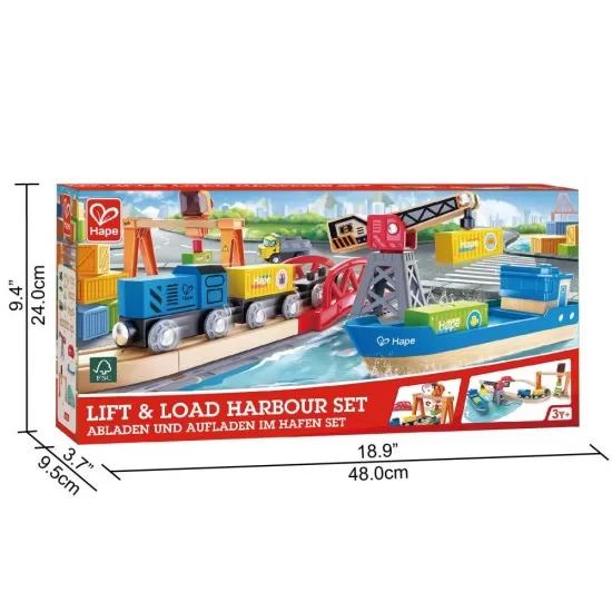 Set de joaca circuit din lemn - Port cu trenuri, vapoare si camioane Set de joaca circuit din lemn - Port cu trenuri, vapoare si camioane
