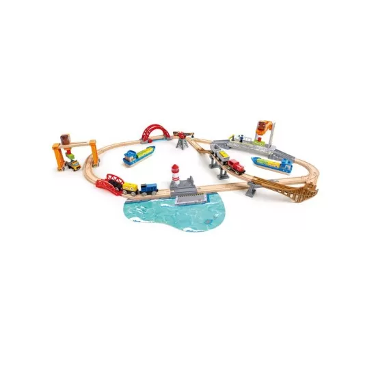 Set de joaca circuit din lemn - Port cu trenuri, vapoare si camioane Set de joaca circuit din lemn - Port cu trenuri, vapoare si camioane