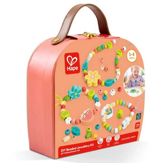 Set creativ margele colorate din lemn in gentuta Hape 130 piese