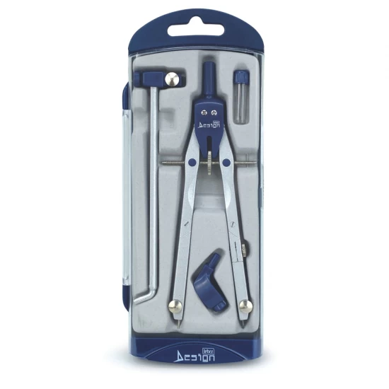 Trusa compas scolar din metal satinat cu 4 accesorii in blister