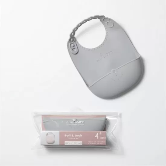 Baveta bebelusi Miniware Roll & Lock, 100% din silicon alimentar Grey Baveta bebelusi Miniware Roll & Lock, 100% din silicon alimentar Grey
