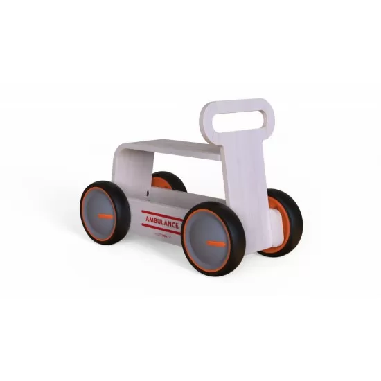 Masinuta ride-on, premergator si carucior de jucarii MamaToyz DriveMe Wood, Ambulanta - Jucarie din lemn 3 in 1