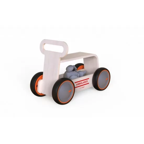 Masinuta ride-on, premergator si carucior de jucarii MamaToyz DriveMe Wood, Ambulanta - Jucarie din lemn 3 in 1