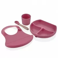 Set diversificare 4 piese din silicon BabyJem: bavetica, farfurie, lingurita si pahar Roz
