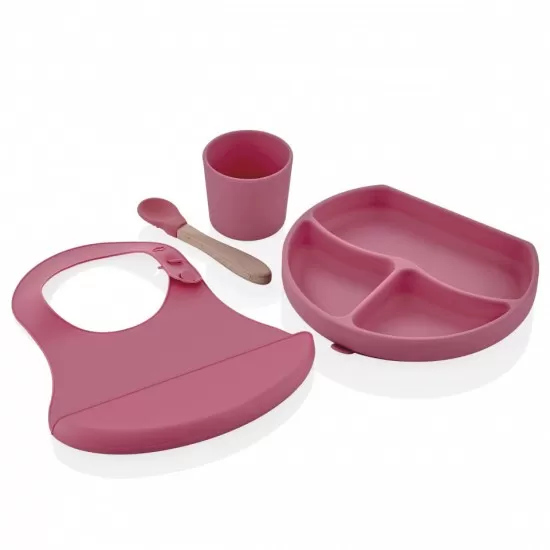 Set diversificare 4 piese din silicon BabyJem: bavetica, farfurie, lingurita si pahar Roz Set diversificare 4 piese din silicon BabyJem: bavetica, farfurie, lingurita si pahar Roz