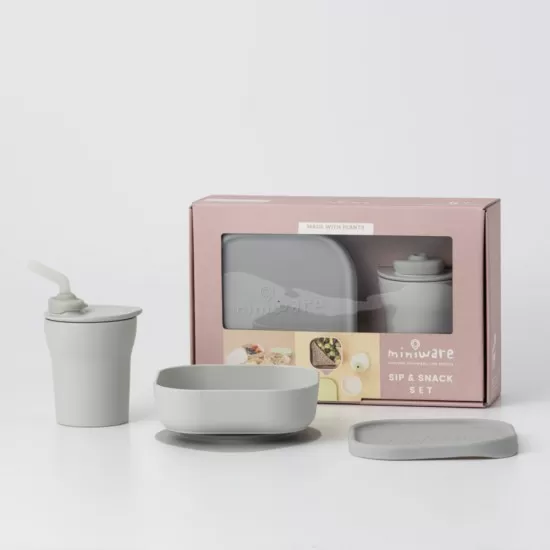 Set diversificare hrana bebelusi Miniware Sip&Snack, 100% din materiale naturale biodegradabile, 3 piese, Grey Set diversificare hrana bebelusi Miniware Sip&Snack, 100% din materiale naturale biodegradabile, 3 piese, Grey