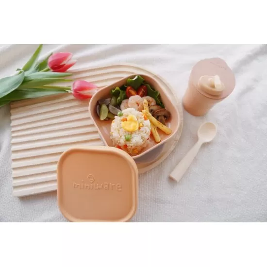 Set diversificare hrana bebelusi Miniware Sip&Snack, 100% din materiale naturale biodegradabile, 3 piese, Toffee
